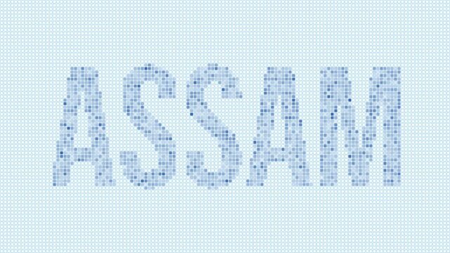 Assam, India dotted map animation. Digital style shape of the state. Assam, India shape and title dots appear with bulb flickering effect. Intro, outro, logo, title video.