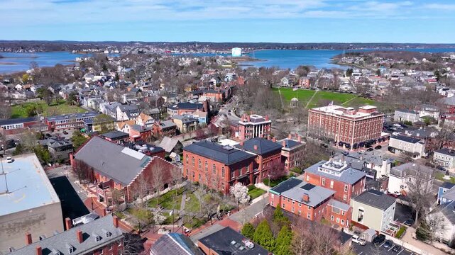 Salem historic downtown aerial view including Daland House, Armory Building and Hawthorne Hotel in city center of Salem, Essex County, Massachusetts MA, USA. 