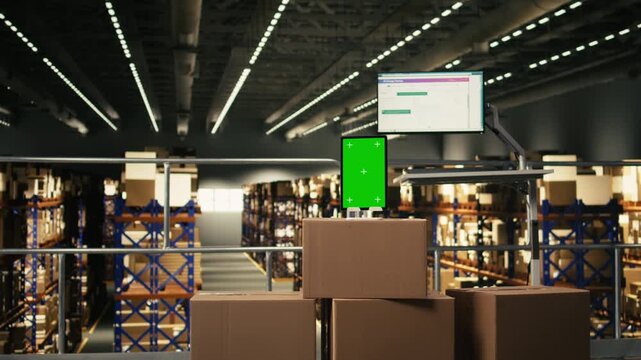 Vertical chroma key screen in industrial warehouse facility used for storage and shipping operations, e-commerce industry. Warehouse platform to support delivery and order fulfillment.