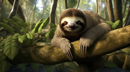 Fototapeta premium Relaxed rainforest sloth perched on a sunlit branch in lush jungle canopy
