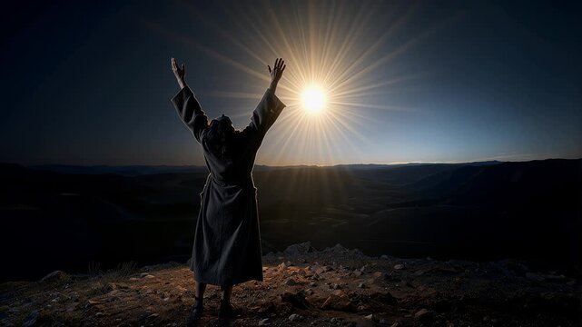 A robed figure standing on a dark rocky mountainside with arms outstretched toward a brilliant glowing celestial light on the night horizon over a vast dark valley landscape