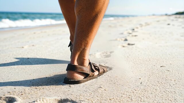 Close-up of leather sandal-clad feet walking along a bright sandy beach leaving footprints with gentle ocean waves in the background on a clear sunny day