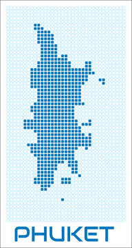 Phuket digital style map with blue rounded rectangle dots. Thailand. Dotted shape of the island. Phuket blue colored map and title on white background. Creative Vector Illustration.