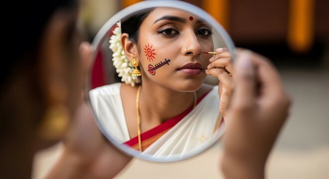 Indian woman applying traditional makeup in mirror imlek year of the horse chinese new year