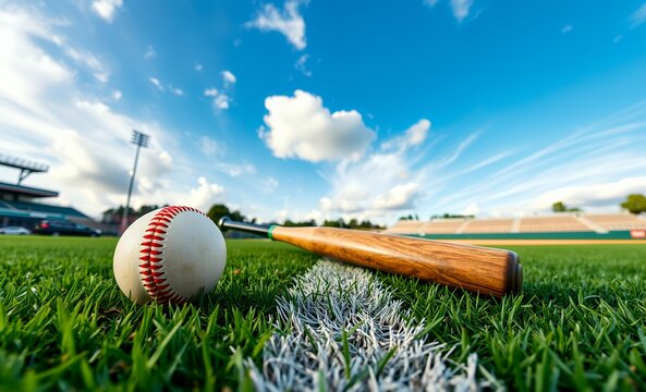 Baseball bat and ball on grass near field stripe baseball field baseball game field stadium play competition green grass team sport arena leisure 