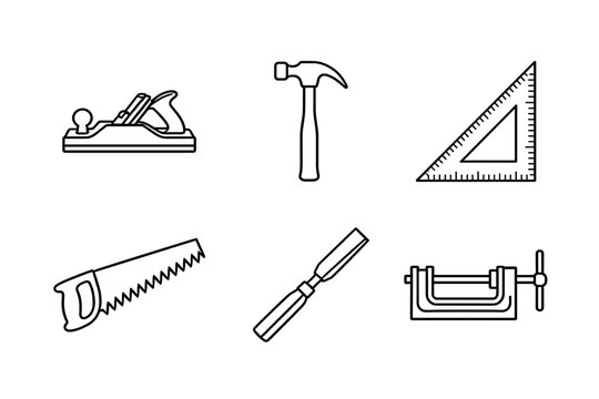 Woodworking hand tools collection in minimalist line art style including plane hammer square saw chisel and clamp for carpentry and craftsmanship.