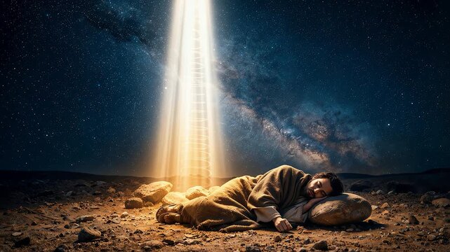 Jacob sleeping on rocky desert ground at Bethel as a luminous heavenly ladder and divine light descend from a breathtaking star-filled Milky Way night sky in a dream vision