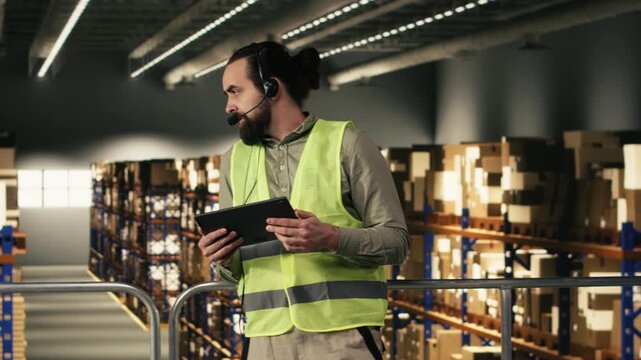 Warehouse operator, assisting clients, order fulfillment, package tracking, wearing headset and safety vest. Staff checking parcel status via airway bills on tracking software, supply chain.