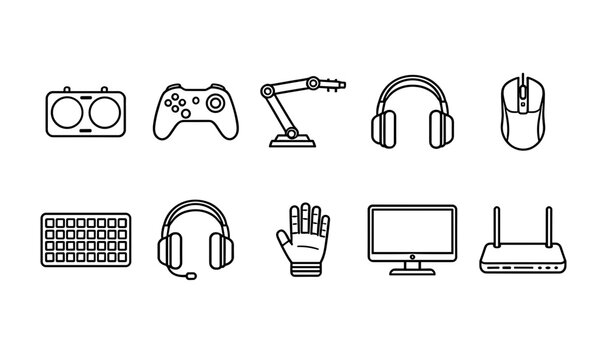 Professional gaming and computing peripheral line icons set including gamepad controller robotic arm VR glove router monitor and headphones