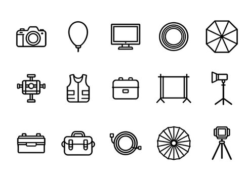 Professional photography equipment set featuring camera studio lighting backdrop tripod and gear bags in minimalist line art illustration isolated on white.