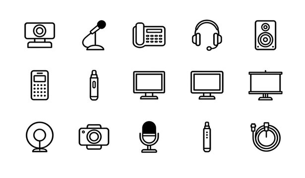 Multimedia and office communication technology icon collection featuring webcam microphone speaker monitor and projector in minimalist black line art vector style