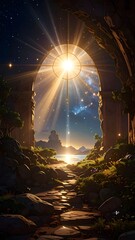 Fototapeta premium A stone archway frames a brilliant sunburst over a scenic landscape