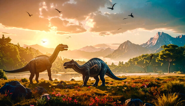 Animaux pr&eacute;historiques, dinosaures, paysage du temps des dinosaures 