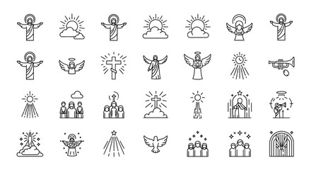 Naklejka premium A collection of minimalist line art icons depicting various Christian and religious symbols, including Jesus, angels, crosses, churches, and divine light.