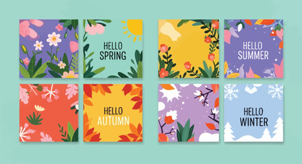 Naklejka premium A set of eight colorful square cards illustrating the four seasons (spring, summer, autumn, winter) with floral and natural elements, some featuring 