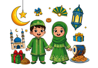 Fototapeta premium Ramadan Kareem festive illustration of children in traditional green attire surrounded by symbols
