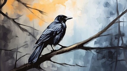 Fototapeta premium Solitary black crow perched on a weathered branch beneath a moody dual-toned sky with warm amber glow and cool blue shadows