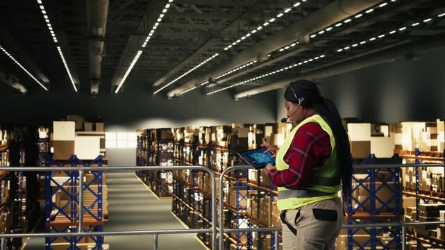 African american woman using machine learning AI interface and headset on tablet to support package tracking and express delivery for e-commerce industry. Managing cargo numbers and AWB.