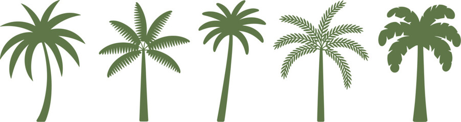 Obraz premium Five different green palm tree silhouettes on a white background tropical nature