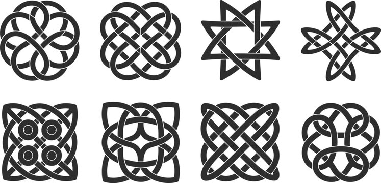 Collection of eight black celtic knot and geometric star symbols on white background pattern knotwork
