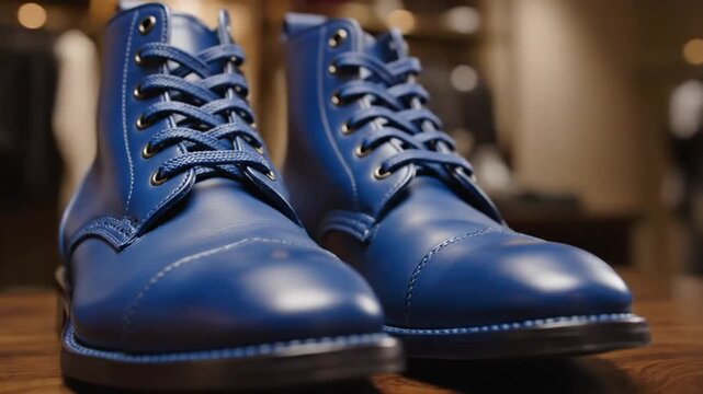 Stylish Blue Leather Boots with Laces and Brogue Detailing