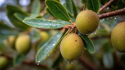 Close up view of ripe star fruit on a wet branch in a Malaysian orchard, showcasing nature's vibrant produce.