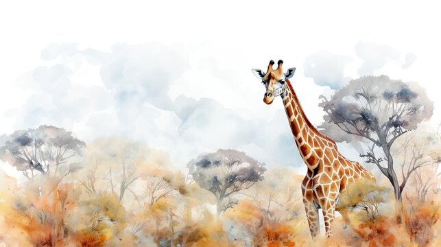 Tall giraffe standing amidst autumnal savanna trees under a cloudy sky
