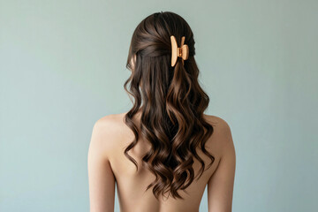 Fototapeta premium Long, wavy hair cascades down a woman's back. Wooden hair clip holds her hair elegantly.