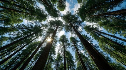 Obraz premium Looking up through a canopy of tall pine trees towards the sun on a clear day
