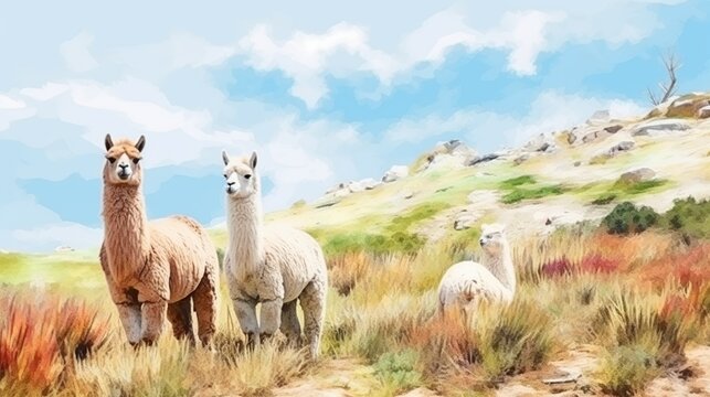 Two Light-Colored Alpacas Standing Calmly in a Bright Grassland Under a Clear Blue Sky