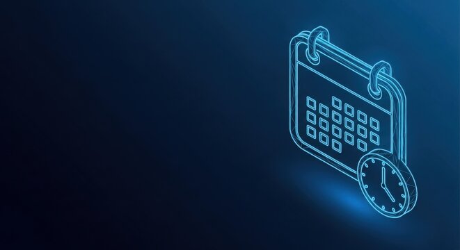 Blue neon calendar icon with dates planned for future events in a digital interface