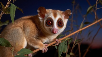 Obraz premium Adorable Slow Loris with Large Eyes Navigates a Twig in a Lush Forest at Night
