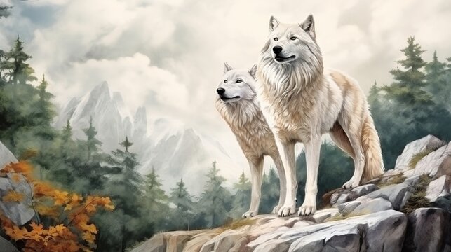 Two vigilant gray wolves stand atop a rugged cliff, scanning a misty forest valley beneath cloudy skies