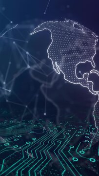 Wireframe globe rotating over teal circuit plane, animation starting and revealing tech node links