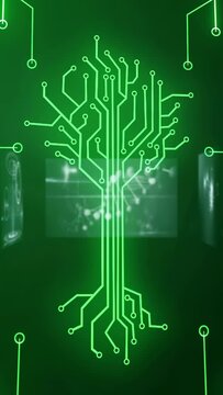 Vertical video: Green arc starting neon pieces aligning into circuit tree on screen showing network