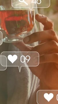 Hands holding double-wall cup entering, adjusting while social icons popping, visualizing rise