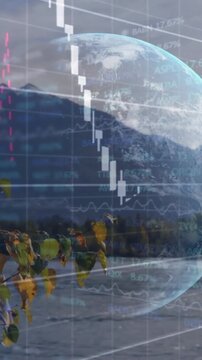 Vertical video: Grid fading, globe animating chart and % labels, showing finance peak then fall