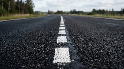 Naklejka premium A wet asphalt road stretches into the distance with white markings on a cloudy day