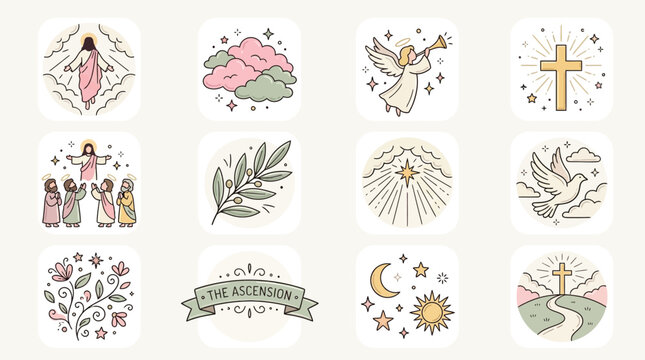A collection of 12 pastel-colored Christian religious icons depicting symbols of faith, resurrection, ascension, peace, and divine elements.
