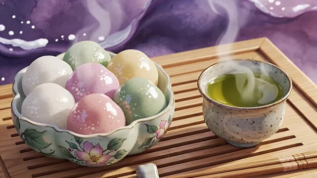 Colorful Mochi and Green Tea on a Wooden Tray Under a Purple Winter Snowflake Scene