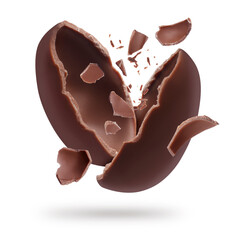 Broken chocolate egg in air isolated on white. Sweet dessert