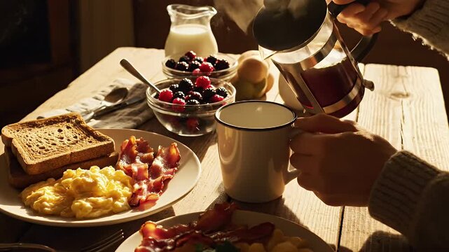 Cozy rustic morning breakfast spread with toast, eggs, berries, jam, and coffee on a wooden table