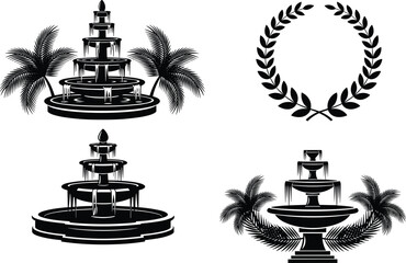 Fototapeta premium Decorative fountain and laurel wreath silhouette set with tropical palm trees, elegant garden emblem vector collection isolated on white background