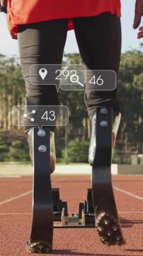 Weight shift sending blades forward, athlete walking toward camera, showing social overlays