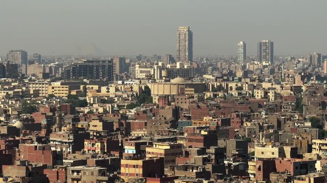 Aerial View of Greater Cairo Urban Sprawl and Modern Towers from Saladin Citadel