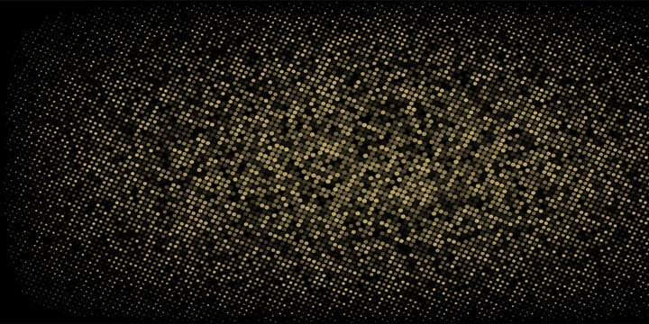 Abstract luxury banner with golden glittering dots on black background. Sparkling glitter bottom border, vector frame. Halftone effect. Magical gold dust. Pop art style backdrop.