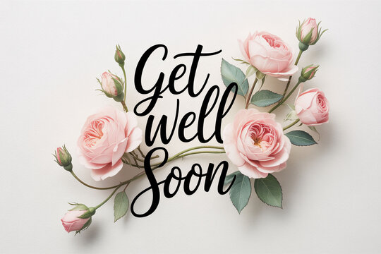 A get well soon card with pink roses and a white background