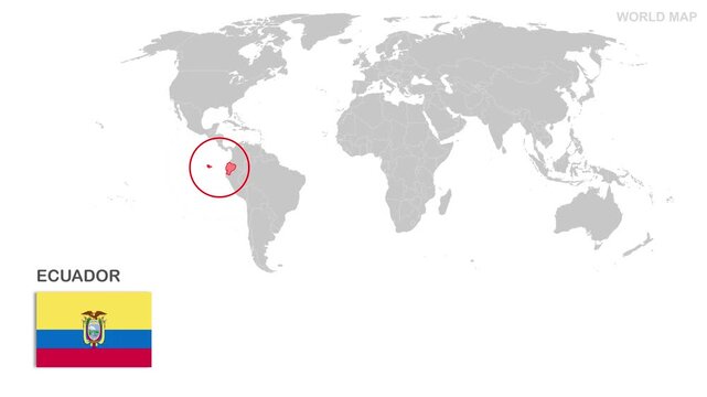Ecuador Map Video, highlighted in the world map with national flag and borders, perfect for presentations, travel, education, geography, and global studies.