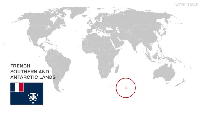 French Southern and Antarctic Lands Map Video, highlighted in world map with national flag and borders, perfect for presentations, travel, education, geography, and global studies.