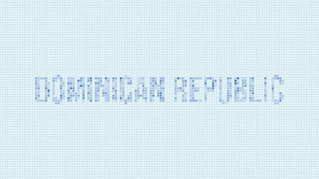 Dominican Republic dotted map animation. Digital style shape of the country. Dominican Republic shape and title dots appear with bulb flickering effect. Intro, outro, logo, title video.